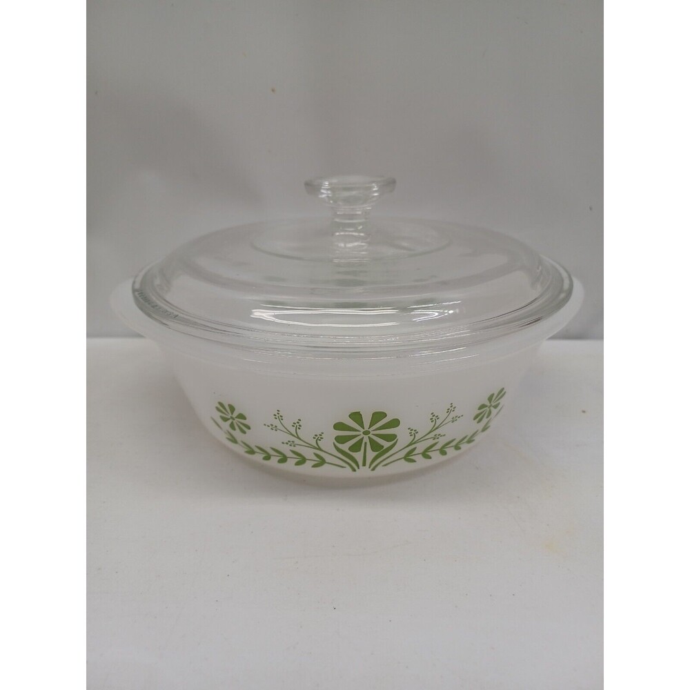 Vtg Glasbake Primrose Dream Round Green Floral Daisy Casserole with Lid 2 QT
